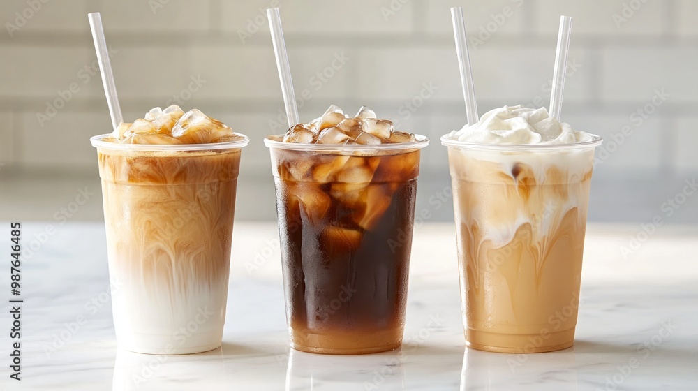 Trio of iced coffee beverages in clear cups with straws, featuring varying levels of milk and cream Trio of iced coffee beverages in clear cups with straws, featuring varying levels of milk and cream