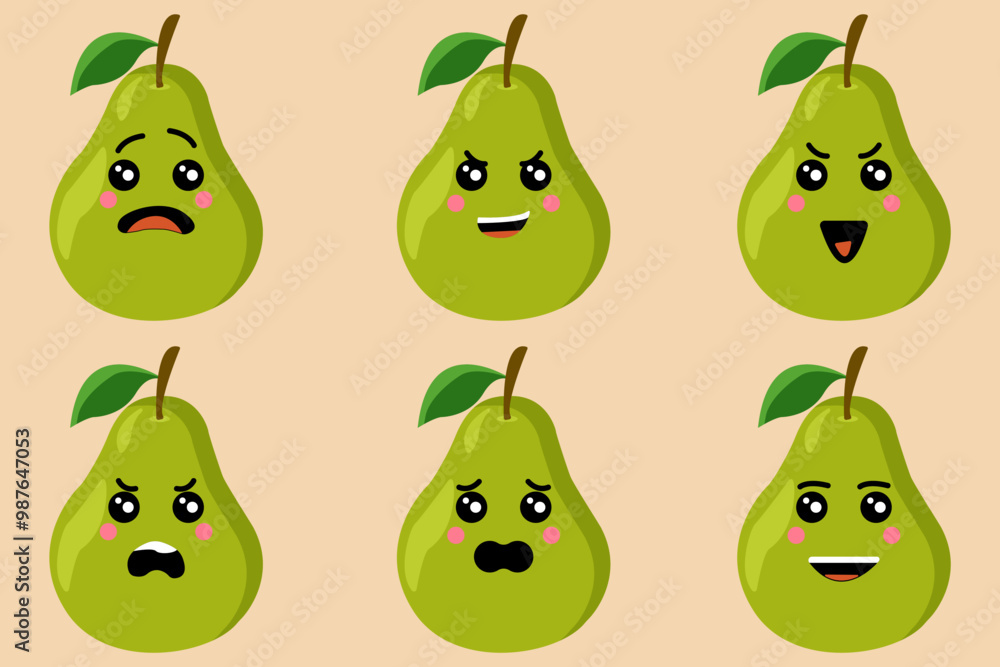 Obraz premium Set of Cute Cartoon Pear with Various Expressions