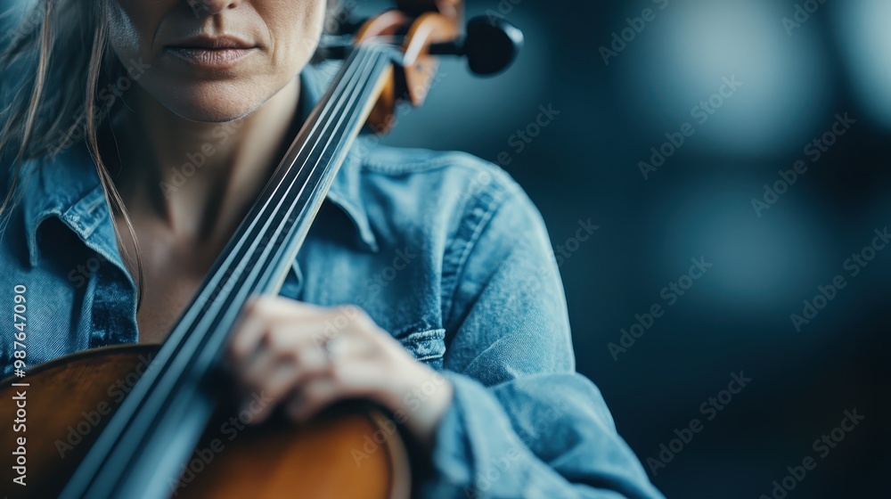 A close-up of a woman playing the cello, focusing on her hands and instrument, with the background gracefully blurred, creating an intimate and serene atmosphere. A close-up of a woman playing the cello, focusing on her hands and instrument, with the background gracefully blurred, creating an intimate and serene atmosphere.