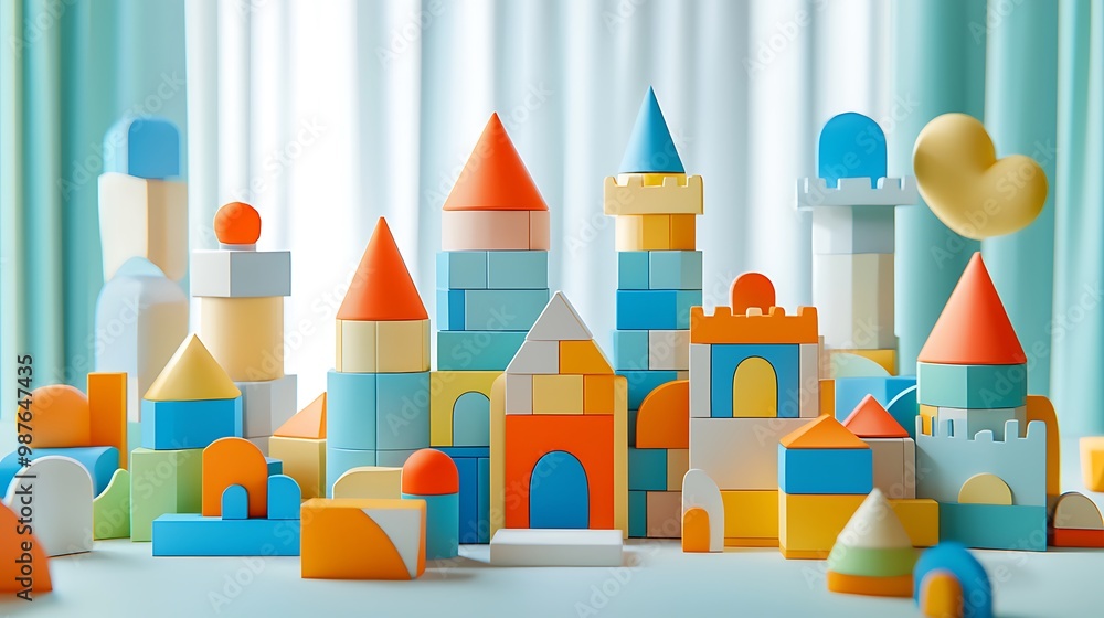 Fototapeta premium Colorful wooden building blocks inspire endless creativity in children's playtime.