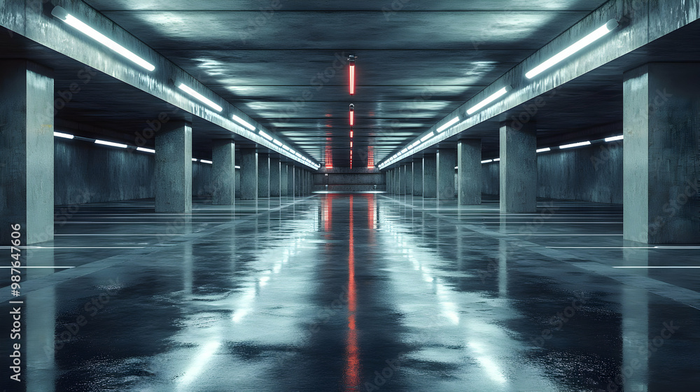 Empty Parking Garage with Wet Floor - 3D Illustration Empty Parking Garage with Wet Floor - 3D Illustration