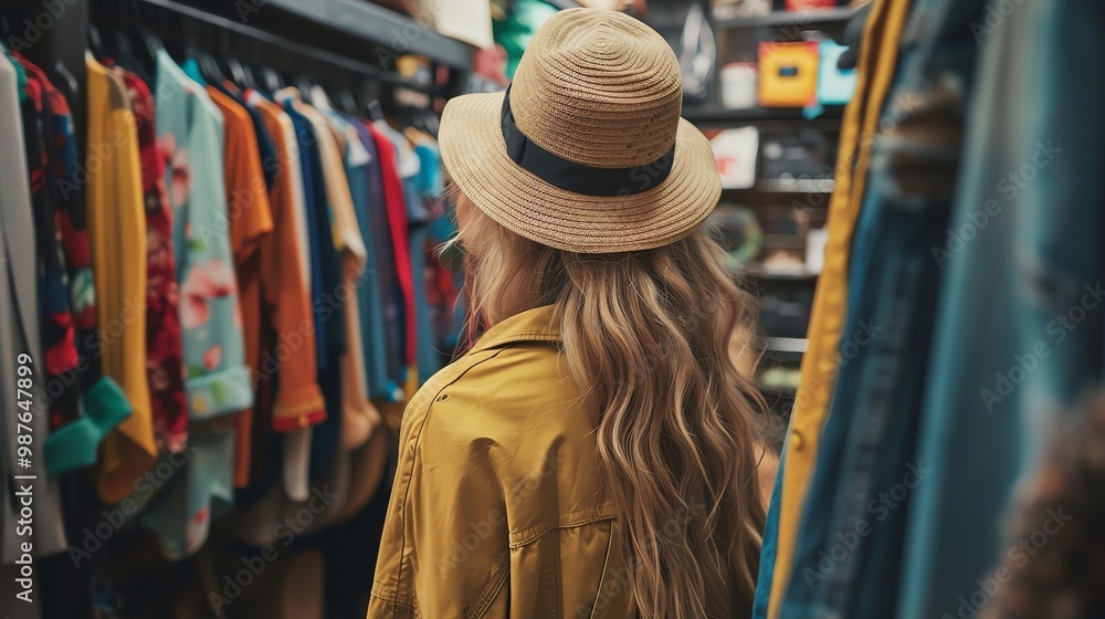 A young woman with long blonde hair and a straw hat stands in front of a rack of colorful clothing. A young woman with long blonde hair and a straw hat stands in front of a rack of colorful clothing.