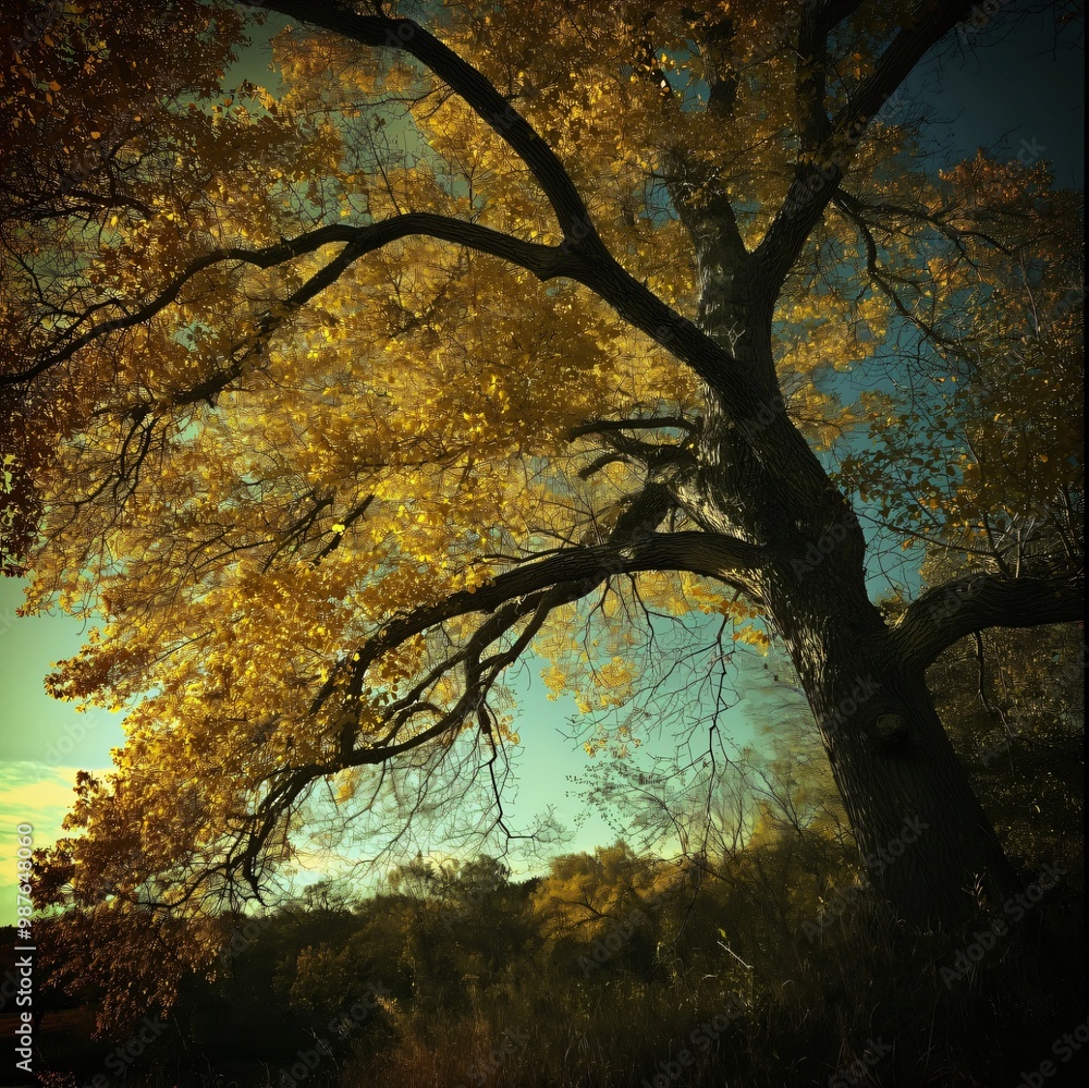 A large, old tree with yellow leaves stands in a forest. A large, old tree with yellow leaves stands in a forest.