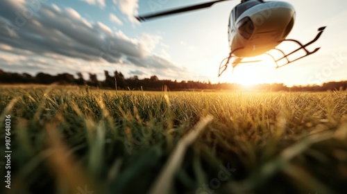 An angled close-up of a helicopter taking off from a green grassy field bathed in the warm glow of the setting sun, capturing the dynamic motion and serene atmosphere. photo