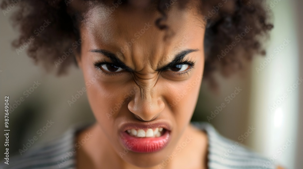 Close-up portrait of angry, mad adult African American black woman or lady Aggressive facial expression Unhappy emotional reaction Furious face Upset female Anger issue Frustration problem Crazy look Close-up portrait of angry, mad adult African American black woman or lady Aggressive facial expression Unhappy emotional reaction Furious face Upset female Anger issue Frustration problem Crazy look