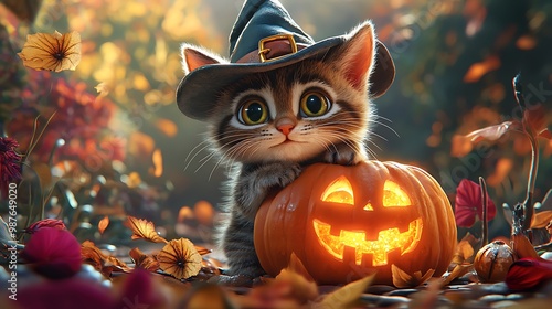 A cute kitten in a witch hat sits beside a glowing jack-o'-lantern, ready for Halloween fun. photo