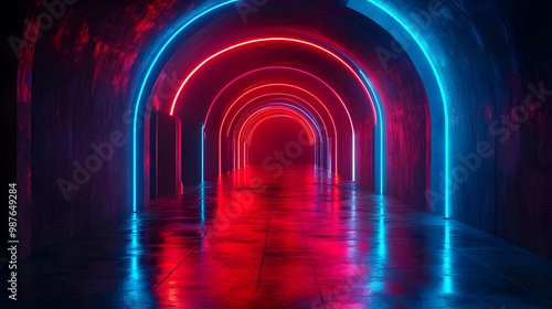 3D Neon Tunnel Background - Red and Blue Glowing Arches