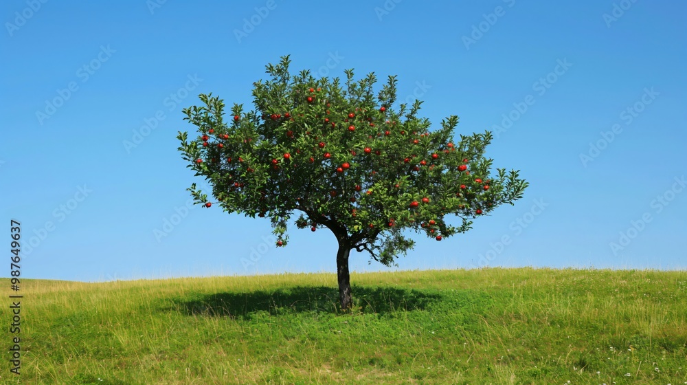 A lone apple tree with red apples stands in a grassy field against a bright blue sky. A lone apple tree with red apples stands in a grassy field against a bright blue sky.