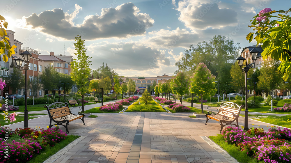 Naklejka premium Serene City Park with Paved Pathway and Flower Beds