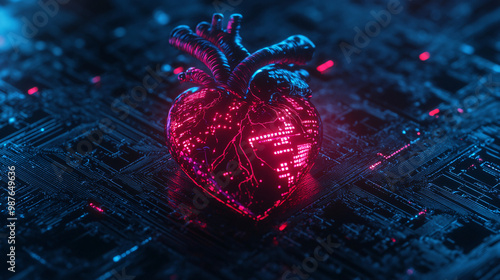 A biomechanical heart with pulsating microchips and vibrant circuit veins glowing in the dark.  photo