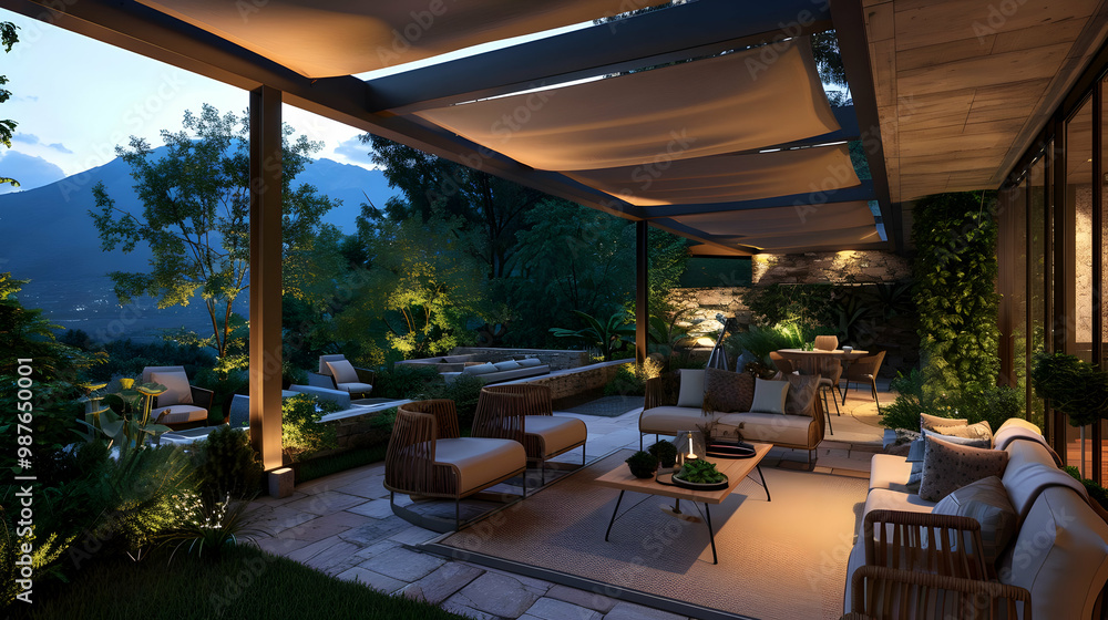Fototapeta premium Modern Outdoor Patio with Mountain Views and Cozy Seating