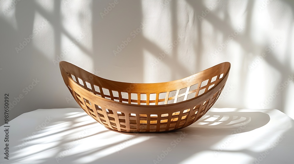 Fototapeta premium A wooden bowl casts a soft shadow on a white background, simple and elegant.