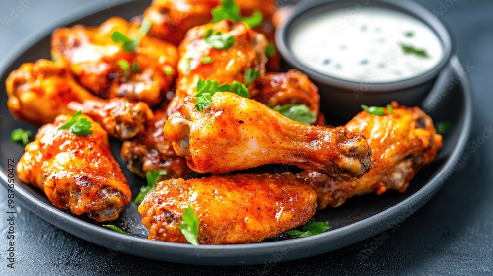 A plate of grilled chicken wings marinated in a spicy buffalo sauce, served with ranch dressing, buffalo grilled wings, spicy appetizer A plate of grilled chicken wings marinated in a spicy buffalo sauce, served with ranch dressing, buffalo grilled wings, spicy appetizer