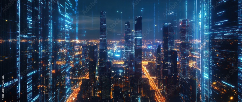 Cyberpunk Cityscape with Glowing Digital Code Cyberpunk Cityscape with Glowing Digital Code