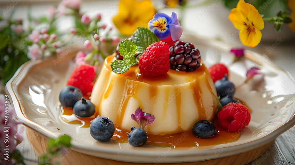 Delicious Vanilla Pudding with Caramel Sauce and Fresh Berries Delicious Vanilla Pudding with Caramel Sauce and Fresh Berries