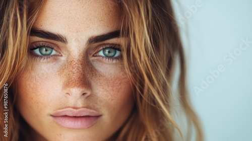 Close-up image of a young woman with a gentle gaze and freckles, offering a warm and welcoming expression with soft lighting and natural beauty highlighted.