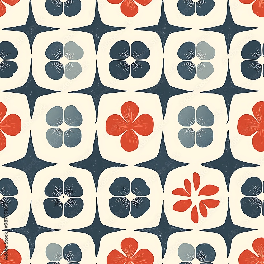 Fototapeta premium A seamless floral pattern with red and blue flowers on white creates a vibrant, classic backdrop.