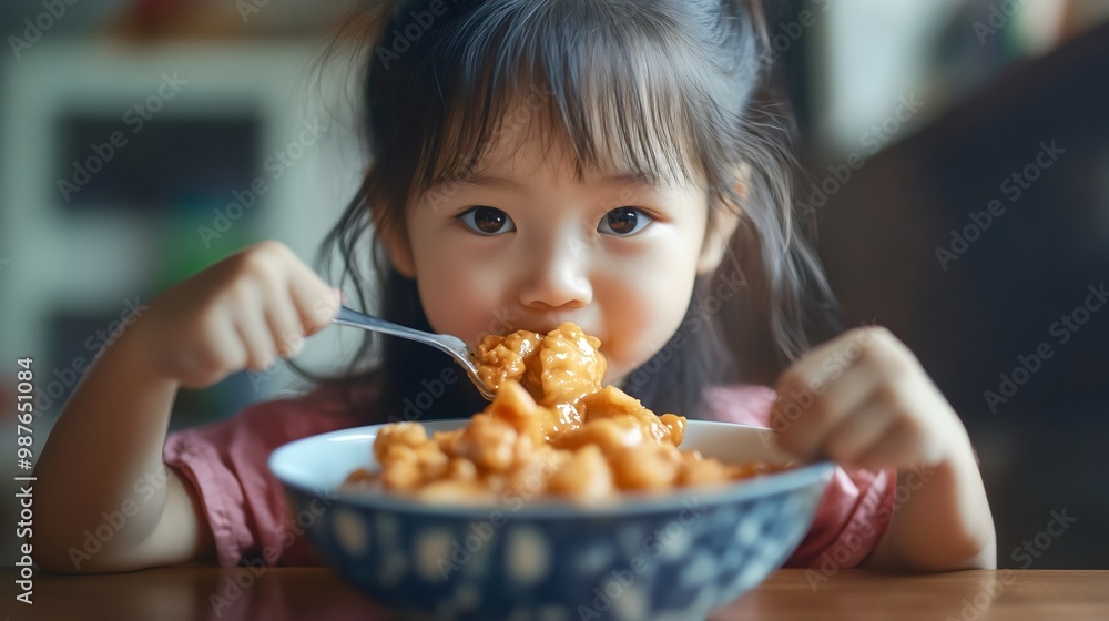 Hungry Asian girl Female child sitting at the table eating a traditional Chinese dish meal with a spoon or fork Delicious food Tasty dinner in a bowl Gourmet homemade recipe Healthy breakfast Hungry Asian girl Female child sitting at the table eating a traditional Chinese dish meal with a spoon or fork Delicious food Tasty dinner in a bowl Gourmet homemade recipe Healthy breakfast