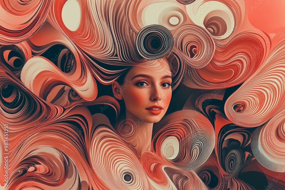 A young woman with flowing, abstract red hair surrounded by swirls of color. A young woman with flowing, abstract red hair surrounded by swirls of color.