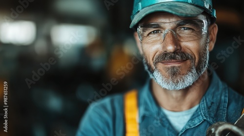 Wallpaper Mural A middle-aged industrial worker with a gray beard and glasses, donned in protective gear, stands focused amidst a blurred factory background, embodying diligence and expertise. Torontodigital.ca
