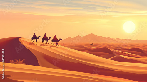 Camel Caravan Crossing the Desert at Sunset