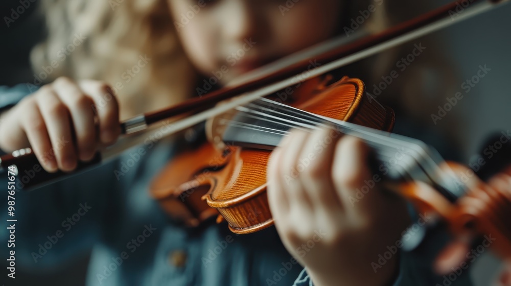 A close-up image of a child intensely playing the violin, highlighting the detailed view of the strings and the child's fingers as they create music with concentration and dedication. A close-up image of a child intensely playing the violin, highlighting the detailed view of the strings and the child's fingers as they create music with concentration and dedication.