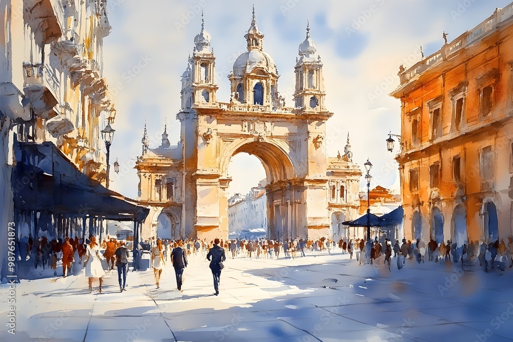 Obraz premium A watercolor painting of a bustling city square with a grand archway in the center. The scene is full of people and light, capturing the vibrancy of urban life.