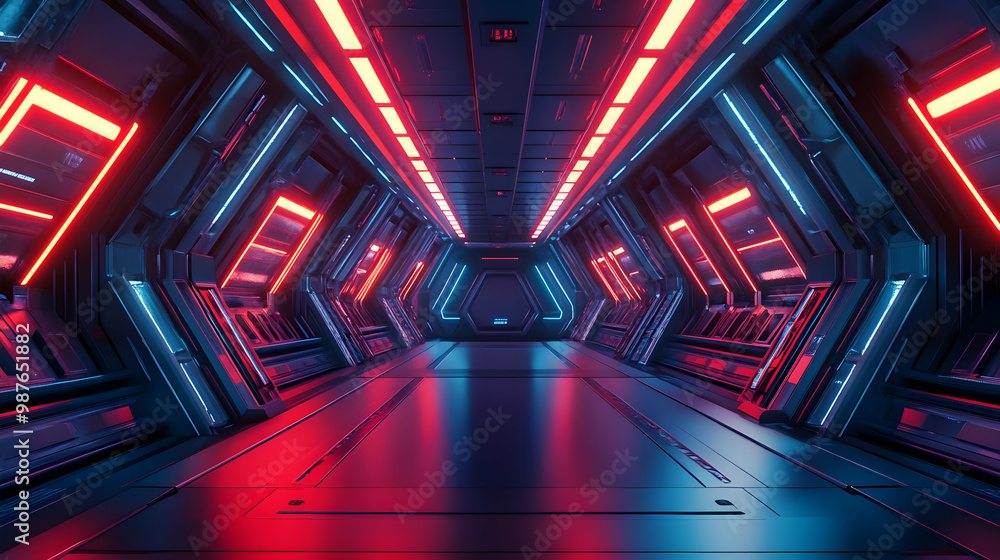 Futuristic Sci-Fi Corridor with Red and Blue Neon Lights 3D Illustration Futuristic Sci-Fi Corridor with Red and Blue Neon Lights 3D Illustration