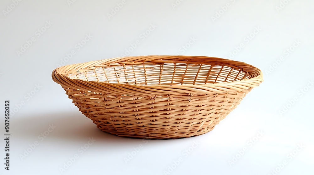 An empty woven wicker basket rests on a clean white backdrop, highlighting its natural weave. An empty woven wicker basket rests on a clean white backdrop, highlighting its natural weave.