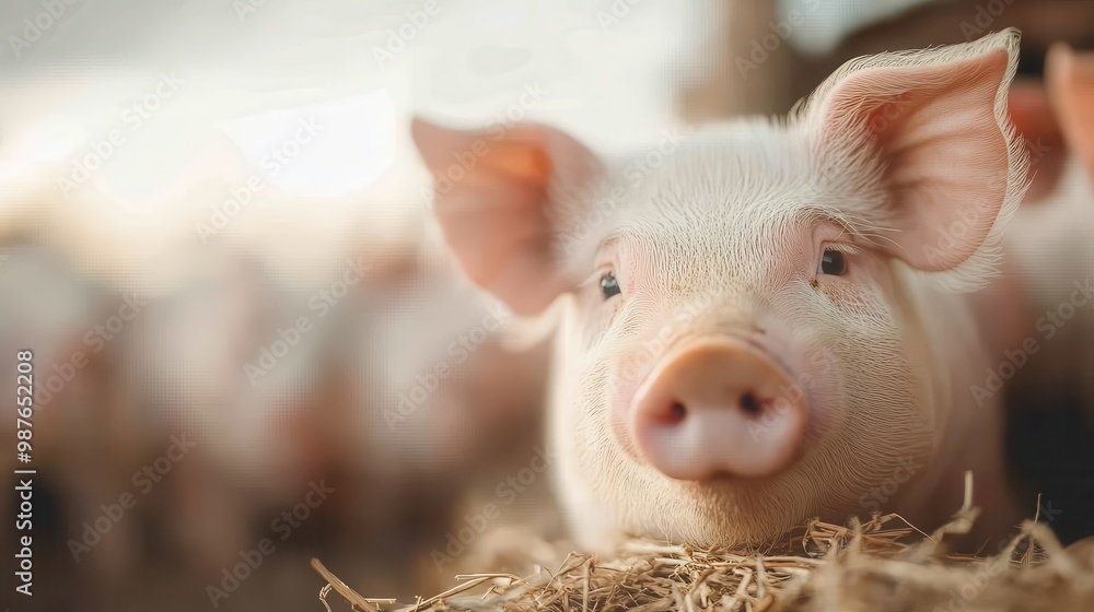 A close-up shot of an adorable pig lying on hay, looking curiously into the camera. The softness of the hay contrasts with the pink tones of the pig, creating a charming scene. A close-up shot of an adorable pig lying on hay, looking curiously into the camera. The softness of the hay contrasts with the pink tones of the pig, creating a charming scene.