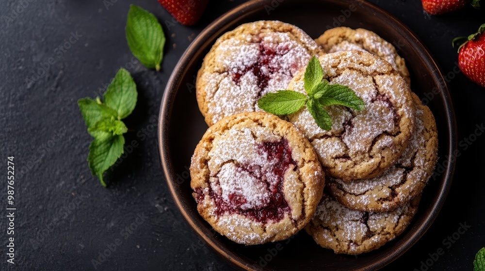 A plate of freshly baked cookies with a delicious jam center, dusted with powdered sugar, and garnished with mint leaves, surrounded by fresh strawberries. A plate of freshly baked cookies with a delicious jam center, dusted with powdered sugar, and garnished with mint leaves, surrounded by fresh strawberries.