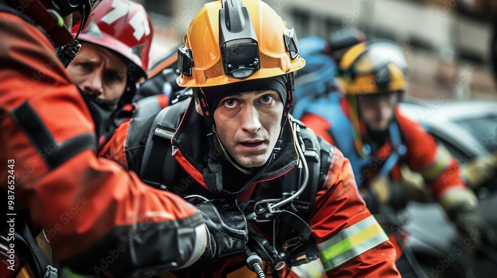 A firefighter in full gear, his face obscured by his helmet, looks intently at the scene before him. A firefighter in full gear, his face obscured by his helmet, looks intently at the scene before him.