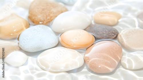 Translucent Glass Pebbles Resting in Shimmering Water - Soft Reflections and Smooth Surfaces Enhanced by Coastal Breeze for Tranquil Nature Scenes