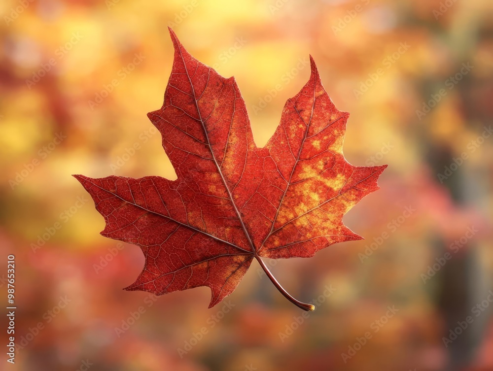 Red maple leaf against a colorful autumn background Red maple leaf against a colorful autumn background