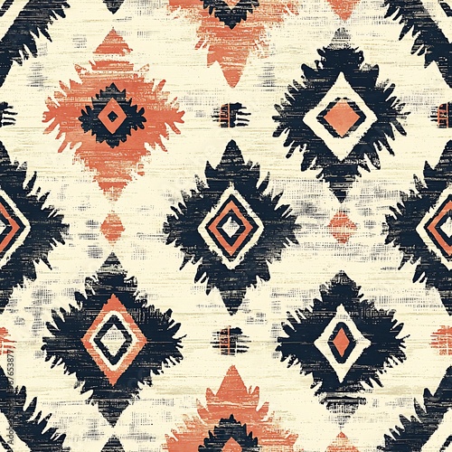 An abstract Ikat-style geometric pattern in beige, blue, and coral creates a seamless, textural design.