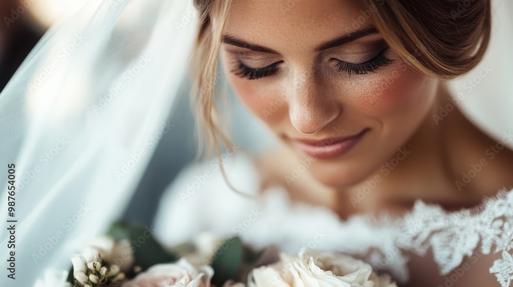 A bride elegantly dressed in a white gown holds a bouquet, looking down with a serene expression, encapsulating beauty and the elegance of bridal moments. A bride elegantly dressed in a white gown holds a bouquet, looking down with a serene expression, encapsulating beauty and the elegance of bridal moments.