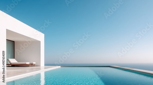 A luxurious infinity pool with a stunning view of the ocean, part of modern minimalist architecture, offering a serene and elegant retreat for relaxation and enjoyment.