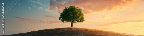 A lone tree stands tall on a grassy hill against a backdrop of a vibrant sunset sky.