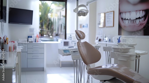 A clean and modern dental office with a comfortable chair and a large window. The room is bright and inviting, with a focus on patient comfort. photo