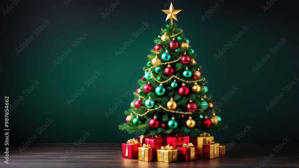 A beautifully decorated Christmas tree with presents underneath, set against a dark green background. A beautifully decorated Christmas tree with presents underneath, set against a dark green background.