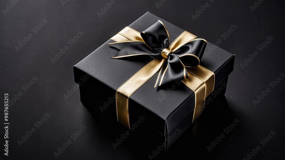 A beautifully wrapped black gift box with a gold ribbon and bow, perfect for special occasions. A beautifully wrapped black gift box with a gold ribbon and bow, perfect for special occasions.