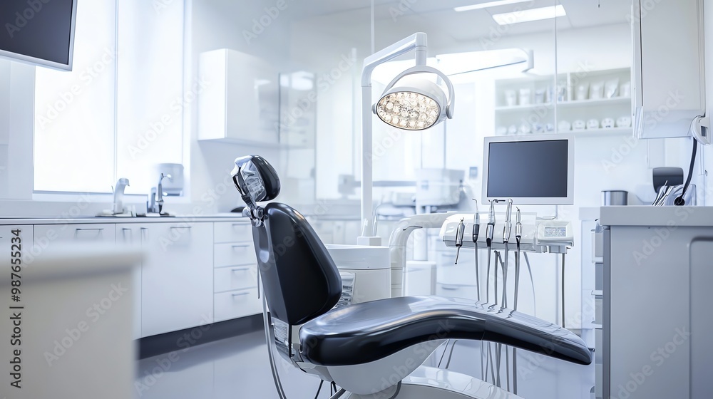A modern dental chair in a clean, white room. The chair is black and sleek, with a bright light overhead. A modern dental chair in a clean, white room. The chair is black and sleek, with a bright light overhead.