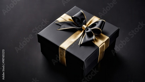 A beautifully wrapped black gift box with a gold ribbon and bow, perfect for special occasions.