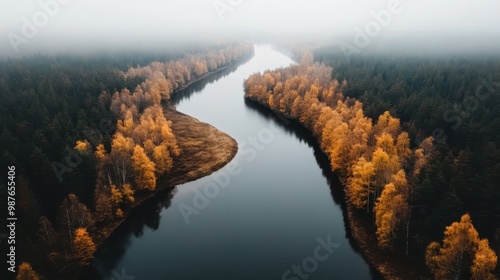 A stunning aerial view of a river winding through an autumn forest with vibrant orange and yellow leaves, enveloped in a misty ambiance, depicting nature’s peacefulness.