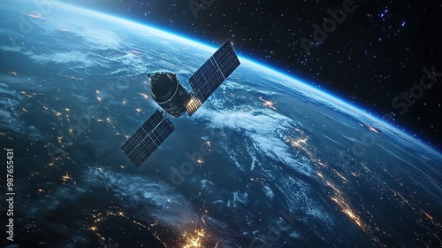 A satellite orbits Earth, capturing the planet's beauty and vastness, surrounded by a starry space backdrop.