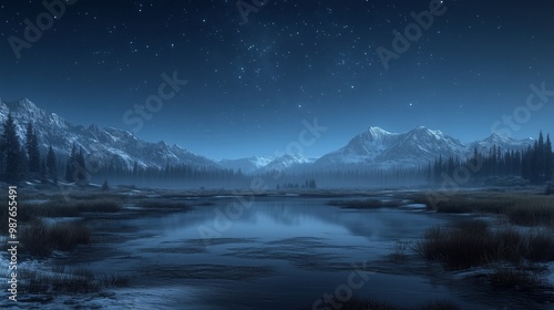 Serene night landscape with mountains reflecting in calm water under a starlit sky.