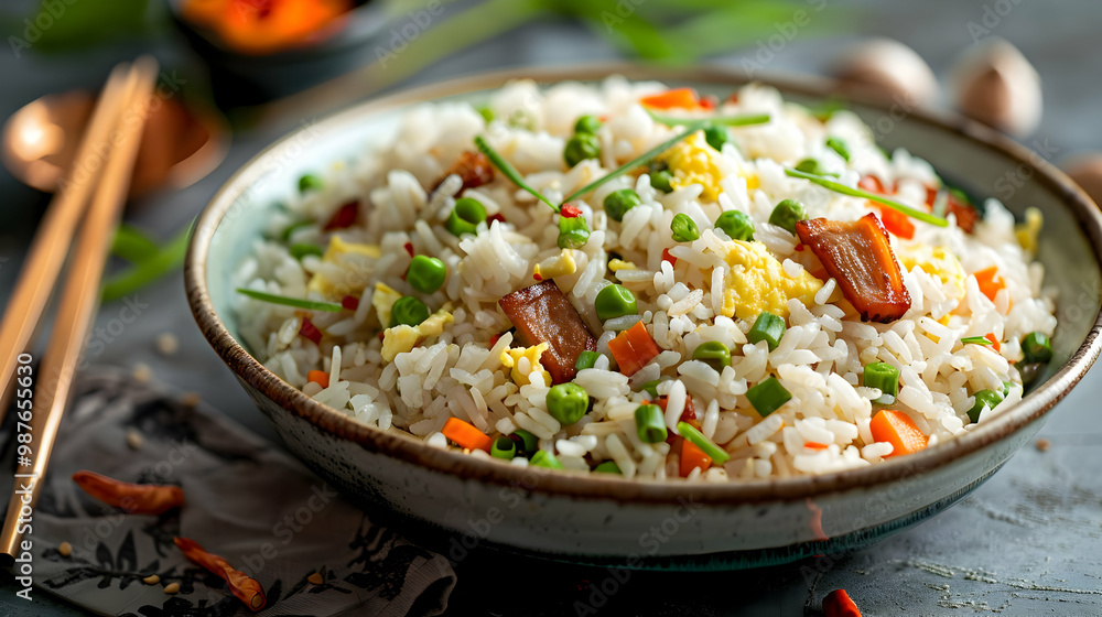 Close-up of a Delicious Fried Rice Dish with Vegetables and Egg Close-up of a Delicious Fried Rice Dish with Vegetables and Egg