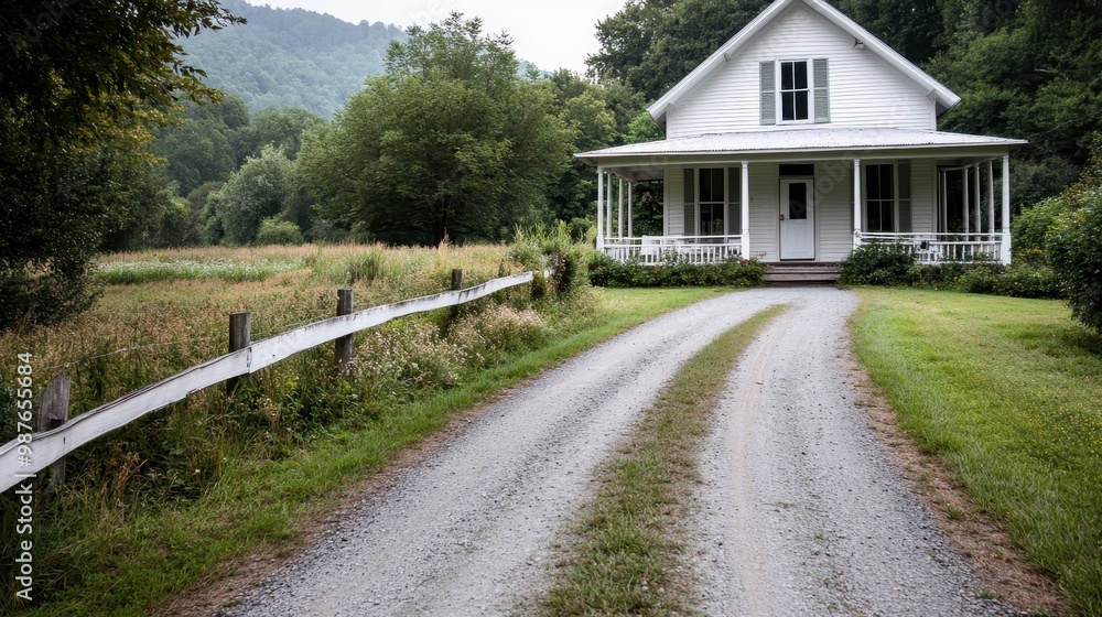 A countryside white house featuring a wooden porch and a winding gravel driveway, nestled in a scenic landscape with green fields and trees in the background. A countryside white house featuring a wooden porch and a winding gravel driveway, nestled in a scenic landscape with green fields and trees in the background.