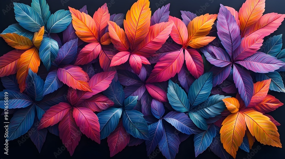A vibrant collection of leaves in shades of blue, purple, red, and orange against a dark background. A vibrant collection of leaves in shades of blue, purple, red, and orange against a dark background.