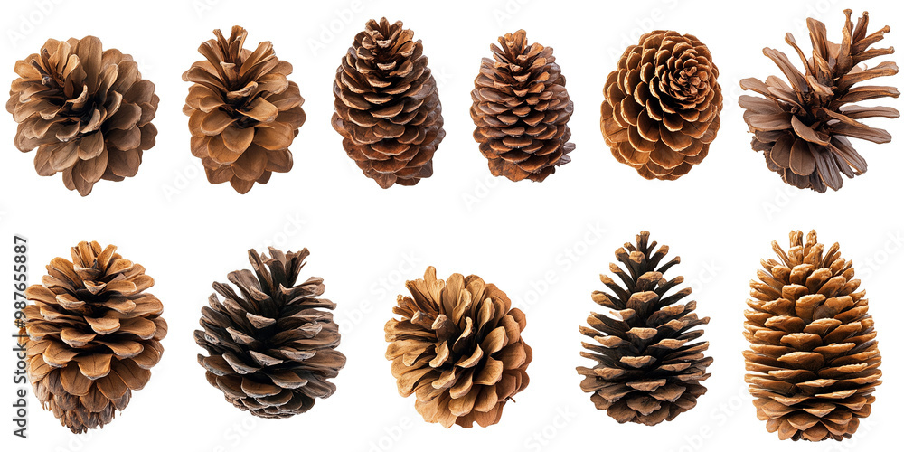 Realistic Pine Cones Collection in Various Sizes. A set of eight pine cones in different shapes and sizes, symbolizing nature, forest, and autumn themes Realistic Pine Cones Collection in Various Sizes. A set of eight pine cones in different shapes and sizes, symbolizing nature, forest, and autumn themes